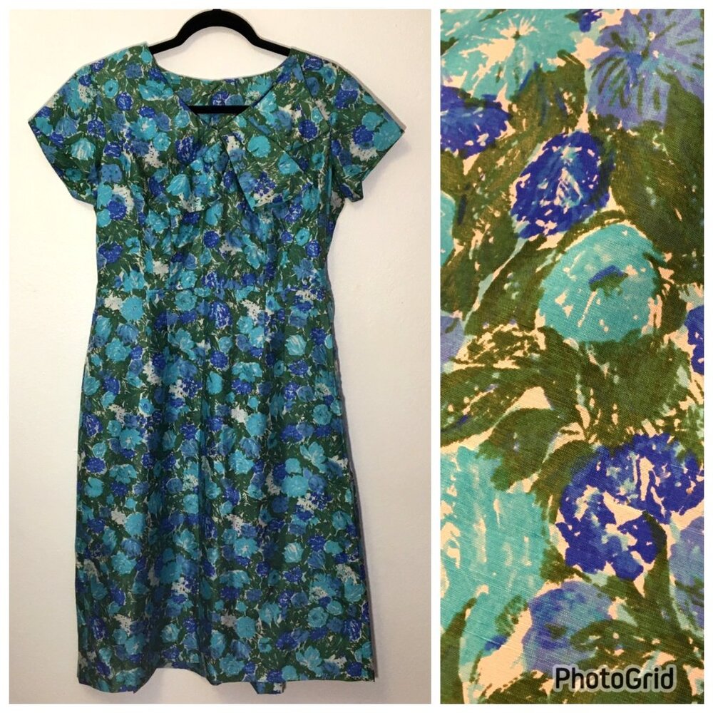 Vintage 50s 60s Blue Floral Day Dress VLV Volup Pinup Rockabilly MCM Mod (T9)